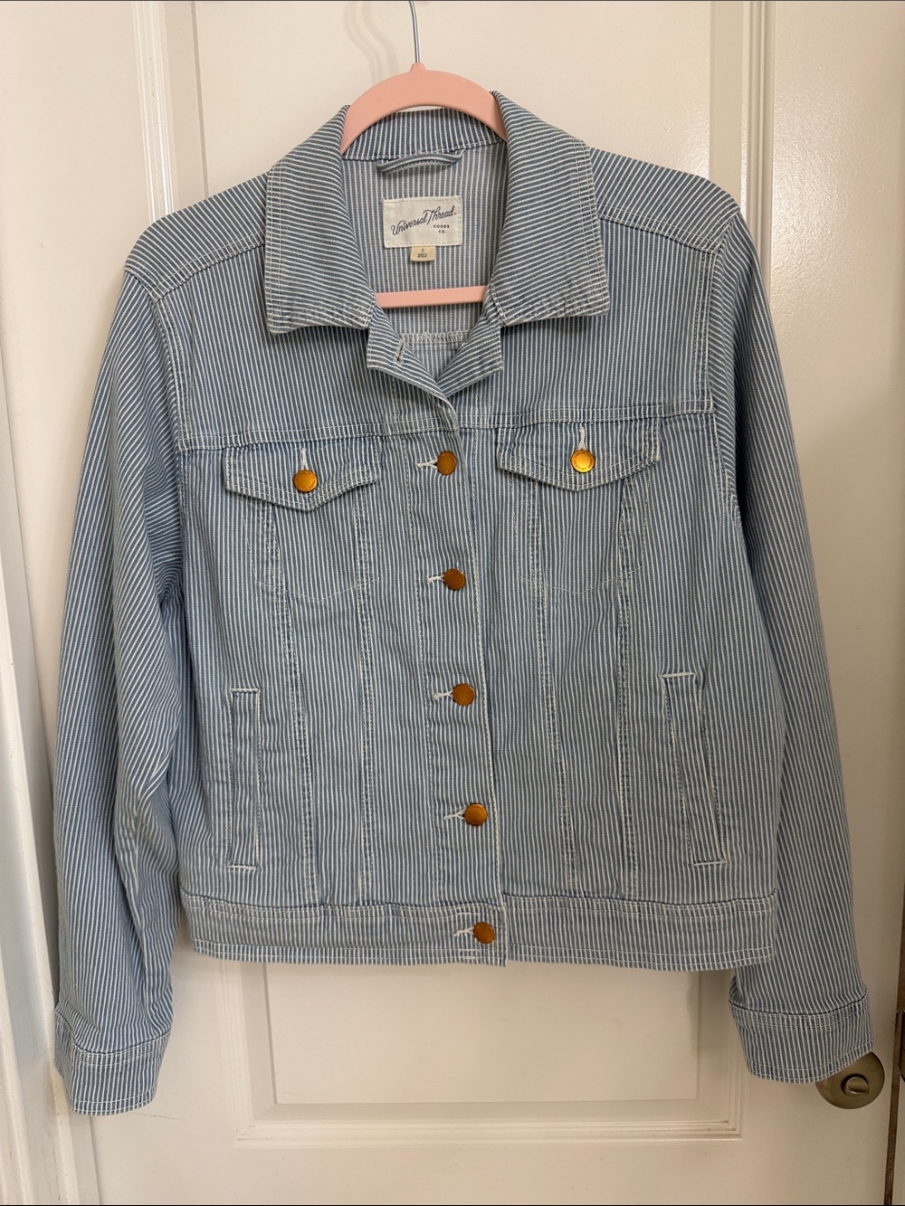 Universal Thread Light Blue Striped Denim Jacket with Gold Buttons